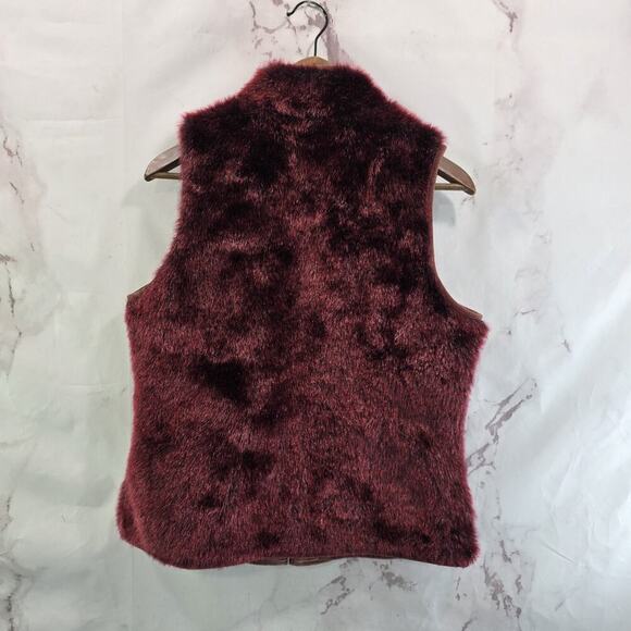 Vintage Y2K Vest Womens Medium Red Faux Fur Mob Coat Burgundy Glam Boss - Picture 5 of 10